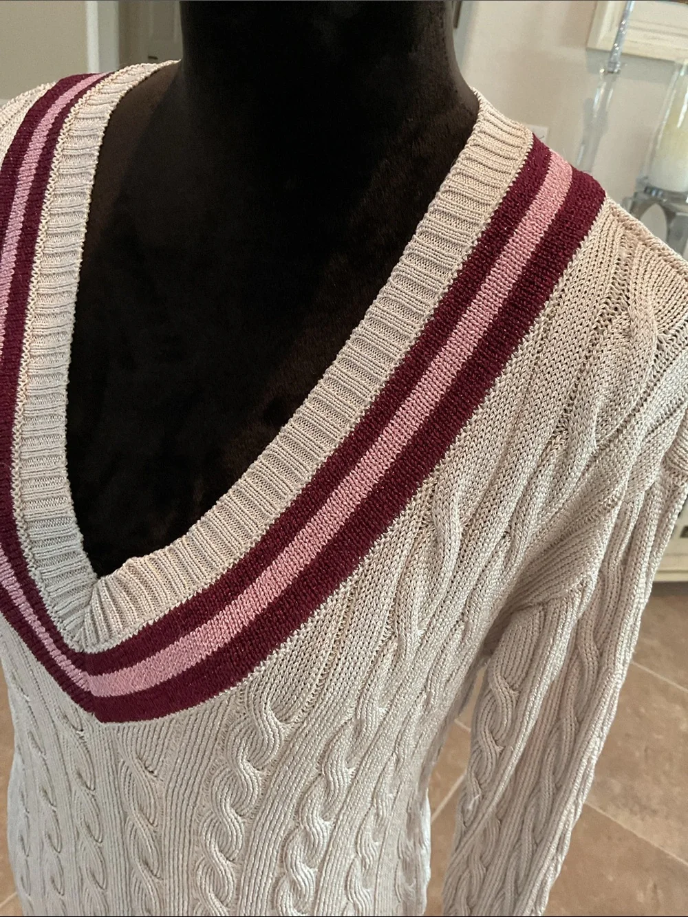 BOston Proper cable knit long sweater, v neck, oatmeal/wine/pink, size M